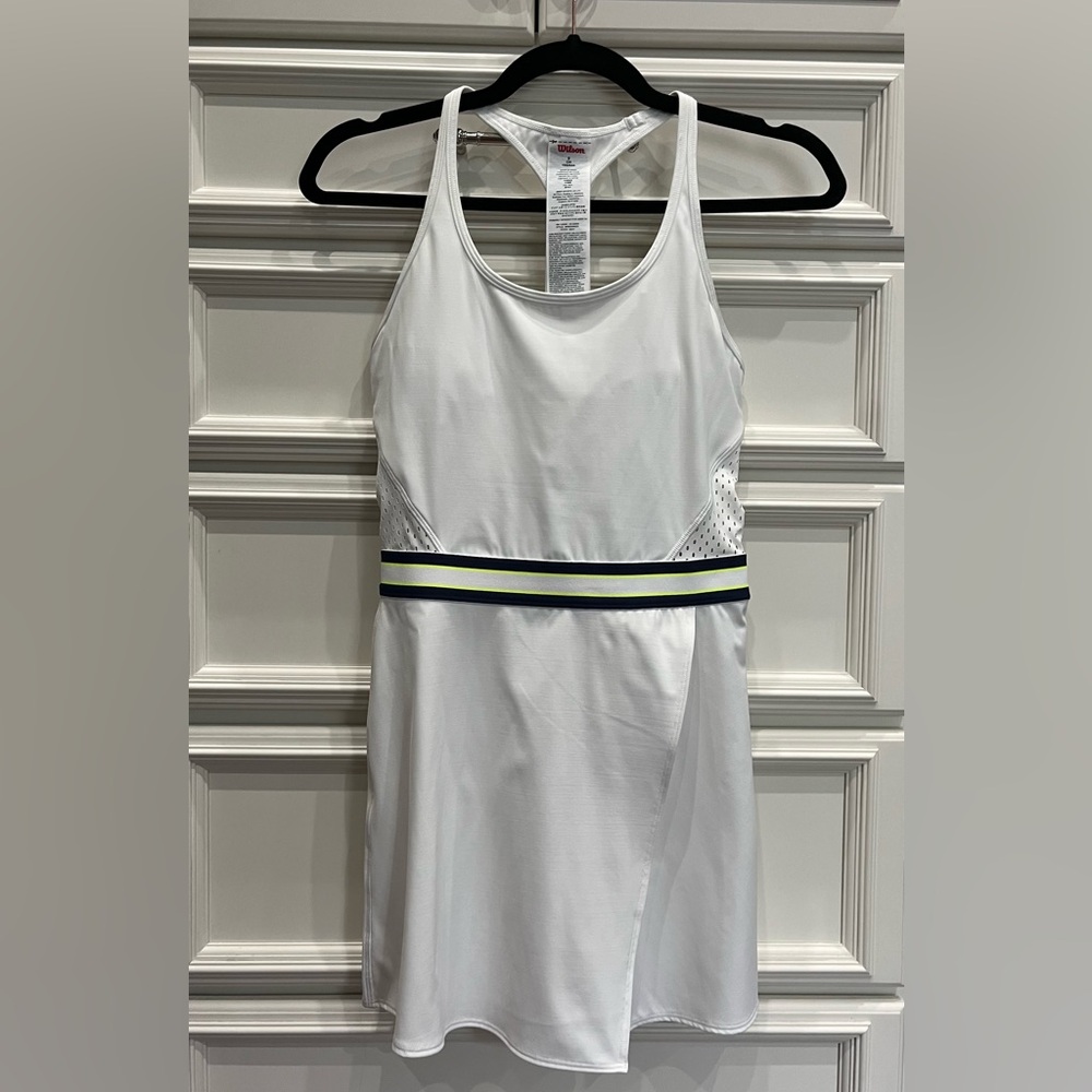 EUC Wilson White Tennis Dress with Striped Waistband Mesh Back Slit Front Small